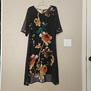 Fenlanse Women’s Asymmetrical Dress Crew Neck Black Floral Size L